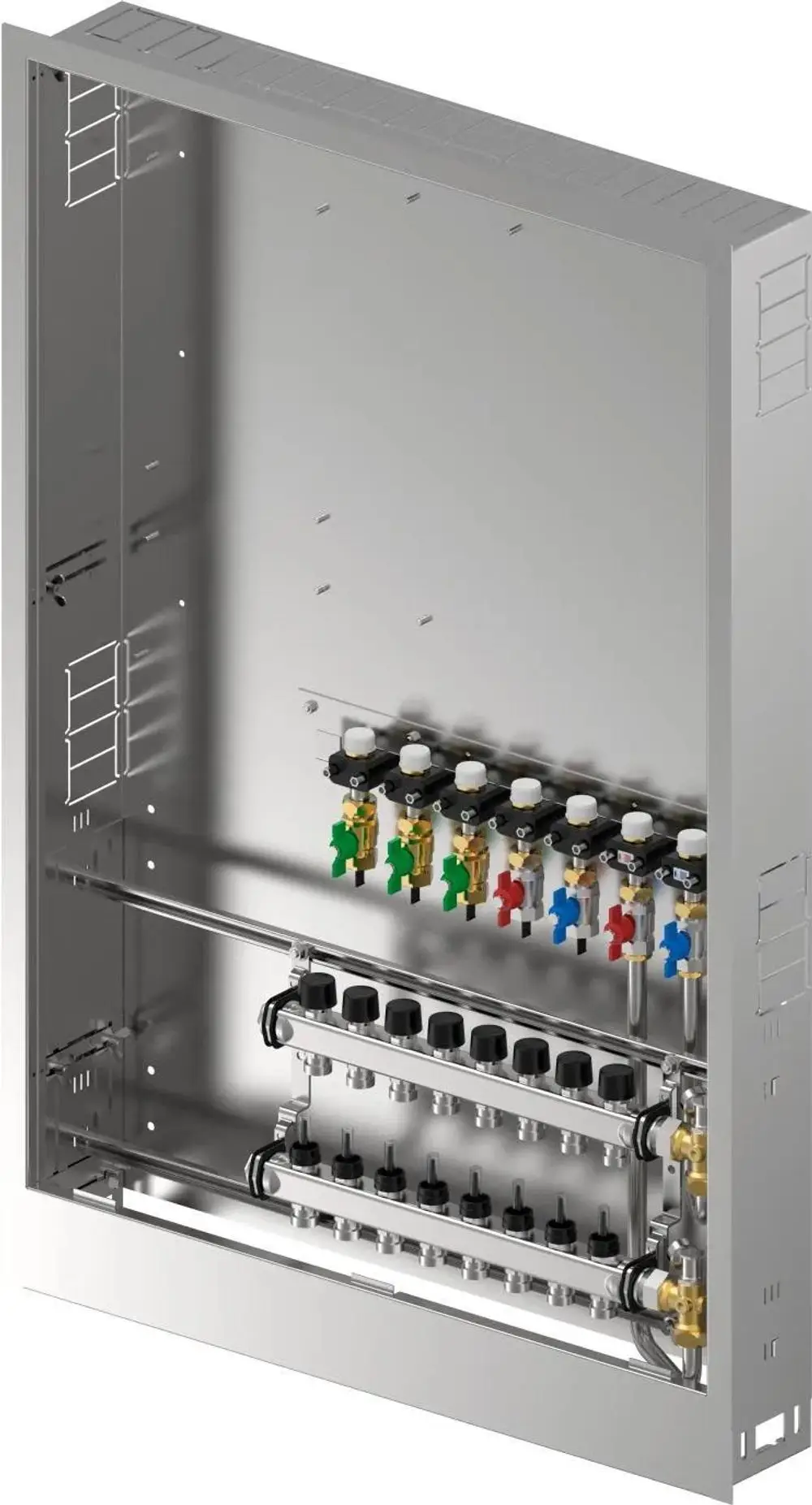 Uponor Verteiler mit mehreren Anschlüssen und Ventilen, ideal für Heizungs- oder Kühlsysteme, in einem robusten Gehäuse montiert.
